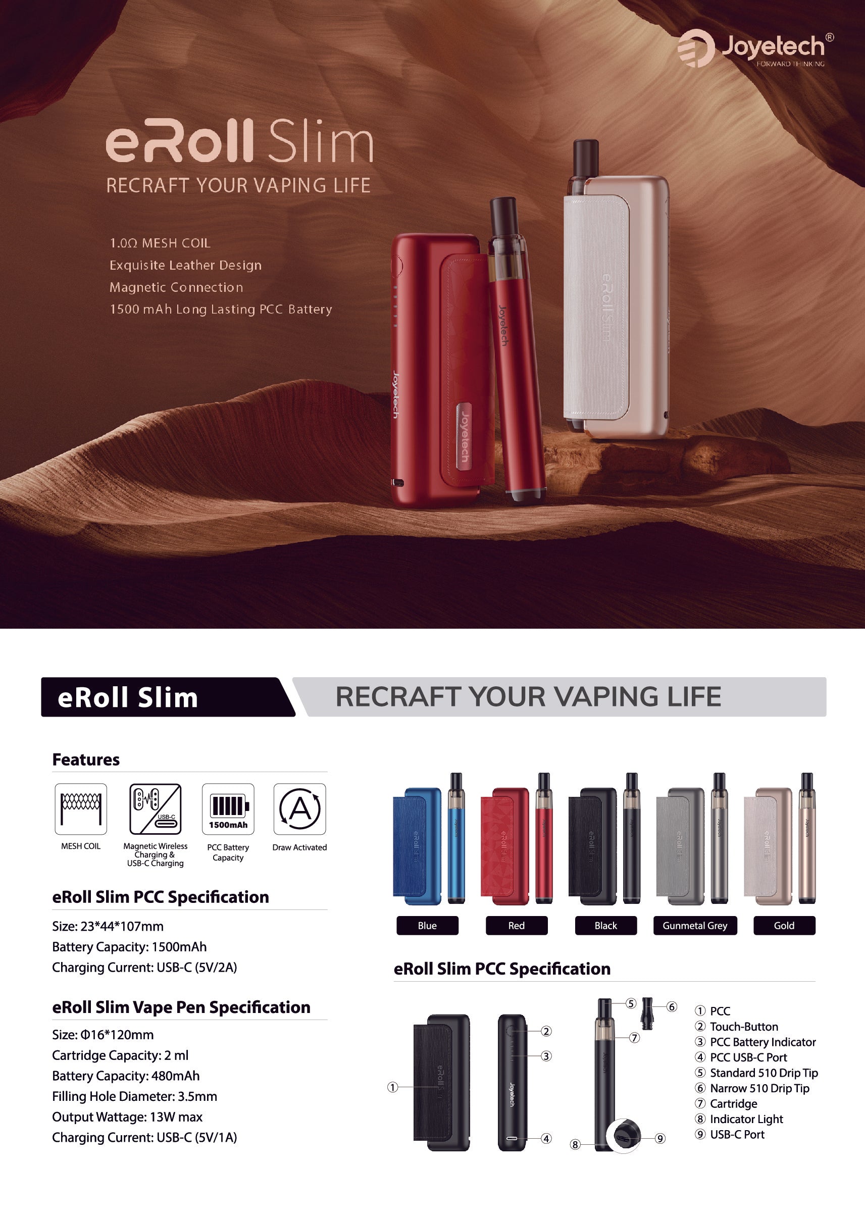 Joyetech-eRoll Slim Kit 2ml 13W 1500mAh/480mAh